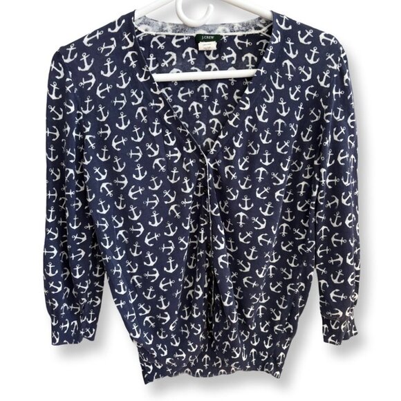 J. Crew Lightweight Gauzy Summer Cardigan Navy and White Anchor Print Size Small - Picture 2 of 11